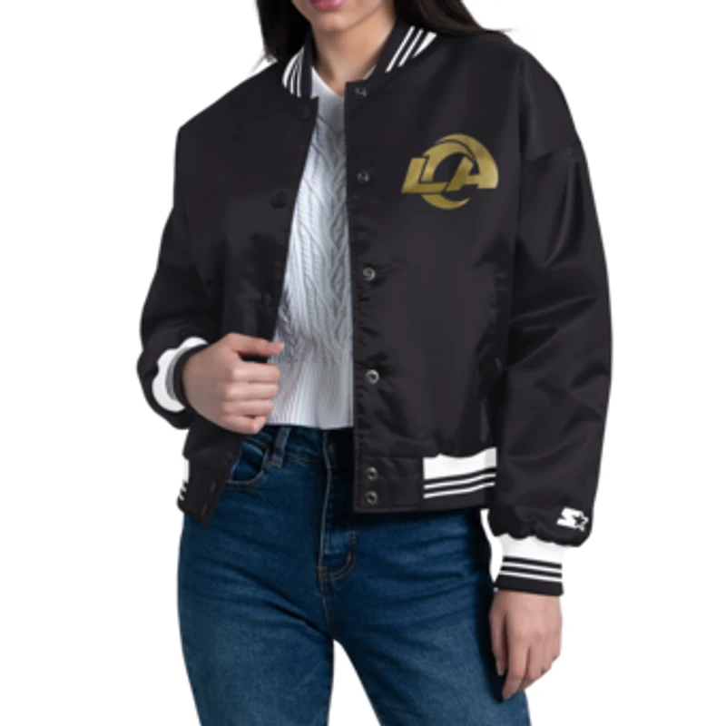 Women's Starter Black Los Angeles Rams Fashion Script Metallic Full-Snap Varsity Jacket