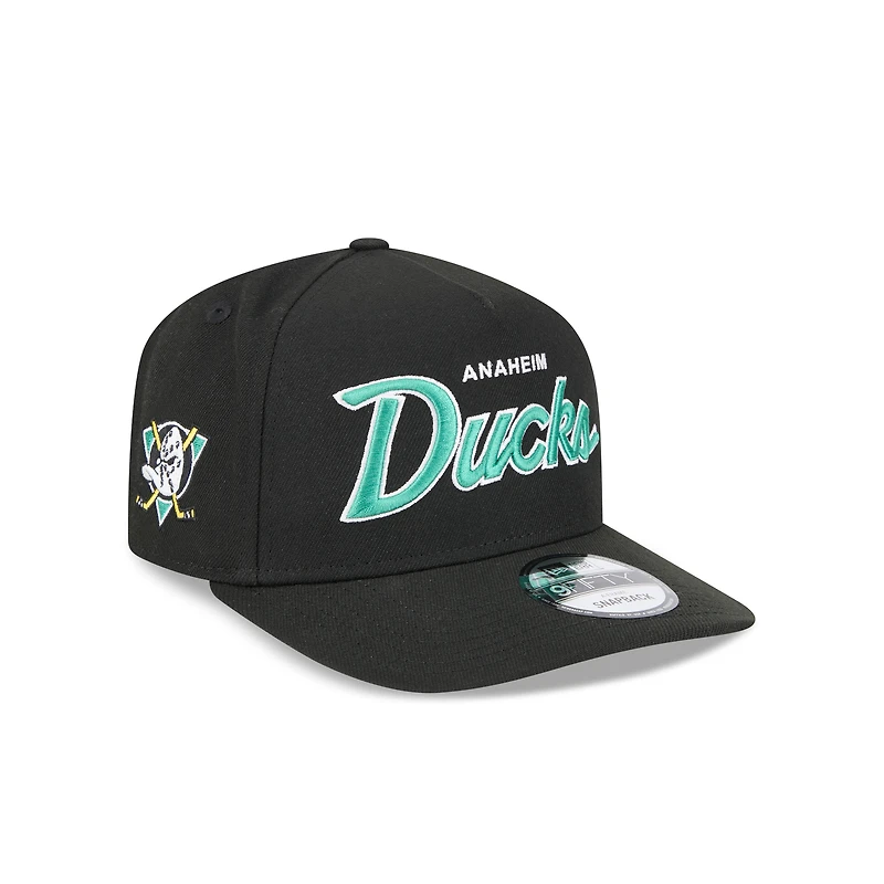 Men's New Era Black Anaheim Ducks Script A-Frame 9FIFTY Snapback Hat