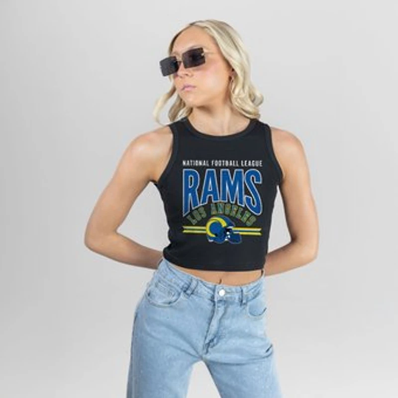 Women's Gameday Couture Black Los Angeles Rams Mic Drop Essential Ribbed Crop Tank Top