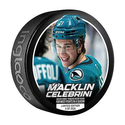 Macklin Celebrini San Jose Sharks Inglasco Franchise Single-Season Points Record Hockey Puck - Limited Edition of 2026