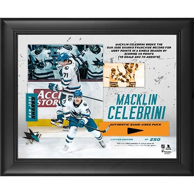 Macklin Celebrini San Jose Sharks Framed 13" x 16" Franchise Single-Season Points Record with a Piece of Game-Used Puck - Limited Edition of 250