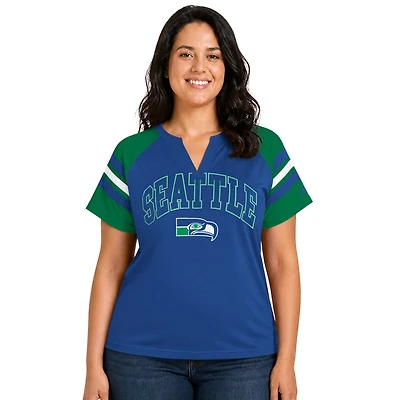 Women's Starter  Royal Seattle Seahawks Plus Size Throwback Game On Notch Neck Raglan T-Shirt