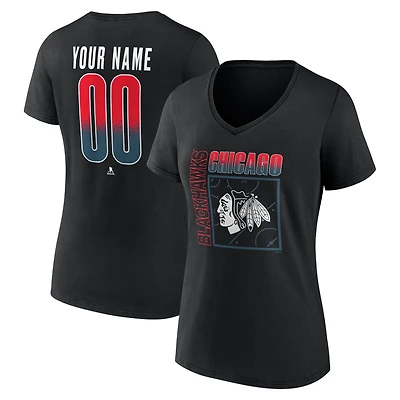 Women's Black Chicago Blackhawks Home Ice Pop Personalized Name & Number V-Neck T-Shirt