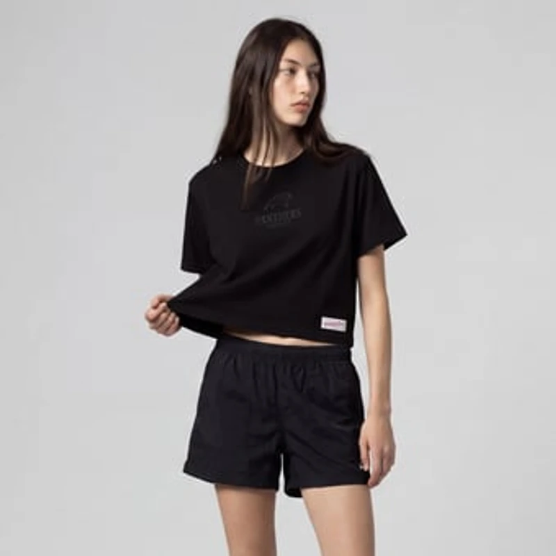 Women's Mitchell & Ness Black Carolina Panthers Core Essentials Micro Logo Boxy Crop T-Shirt