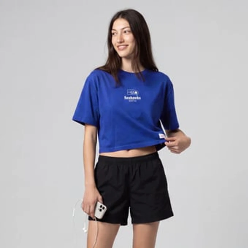 Women's Mitchell & Ness Royal Seattle Seahawks Core Essentials Micro Logo Boxy Crop T-Shirt