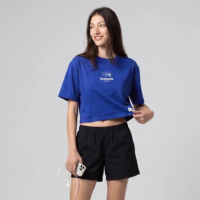 Women's Mitchell & Ness Royal Seattle Seahawks Core Essentials Micro Logo Boxy Crop T-Shirt
