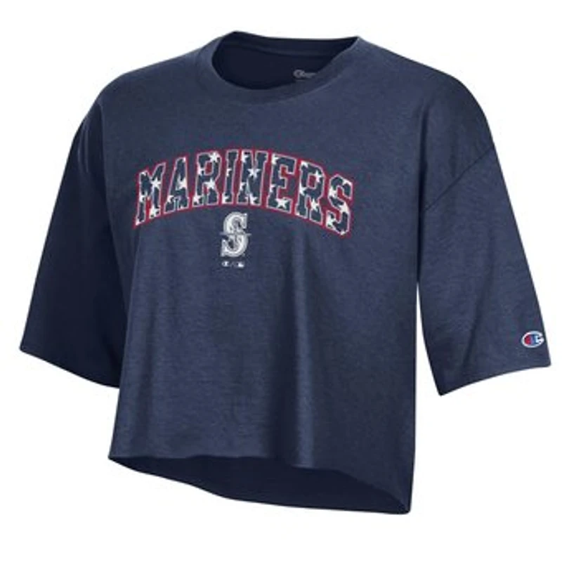 Women's Champion Navy Seattle Mariners Boyfriend Cropped Americana T-Shirt