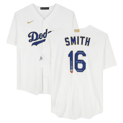 Will Smith Los Angeles Dodgers Autographed Gold Program White Nike Replica Jersey with Multiple Inscriptions - Limited Edition of 25