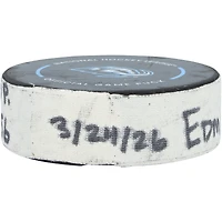 Jack Roslovic Edmonton Oilers Game-Used Goal Puck from March 24, 2026 vs. Utah Mammoth - Second of Two Goals Scored