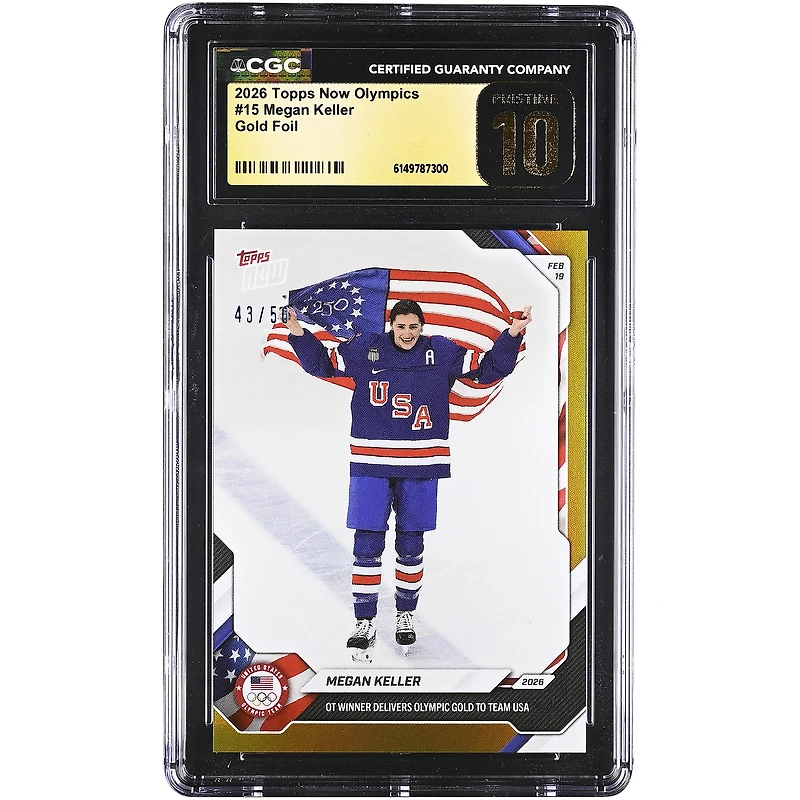 Megan Keller Team USA 2026 Topps Now Olympics OT Winner Delivers Olympic Gold to Team USA Gold Foil #15 #/50 CGC Authenticated PRISTINE 10 Card