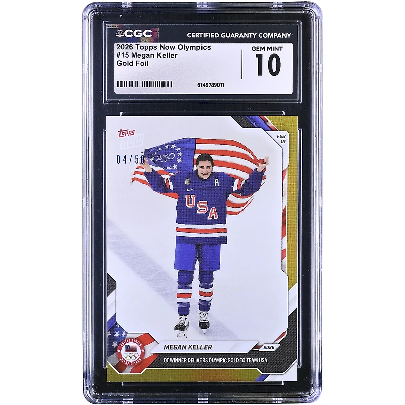 Megan Keller Team USA 2026 Topps Now Olympics OT Winner Delivers Olympic Gold to Team USA Gold Foil #15 #/50 CGC Authenticated 10 Card