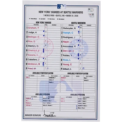 New York Yankees Game-Used Lineup Card vs. Seattle Mariners on March 31, 2026