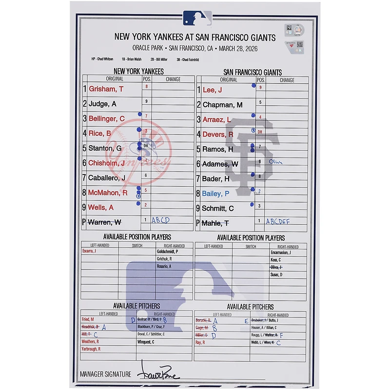 New York Yankees Game-Used Lineup Card vs. San Francisco Giants on March 28, 2026