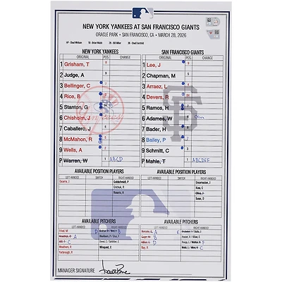 New York Yankees Game-Used Lineup Card vs. San Francisco Giants on March 28, 2026
