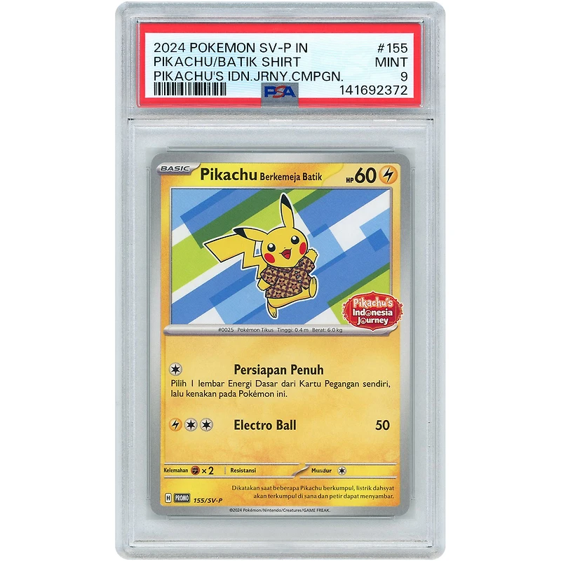 Indonesian Pikachu Berkemeja Batik 2024 Pokemon Scarlet & Violet Promo #155 PSA Authenticated 9 Card