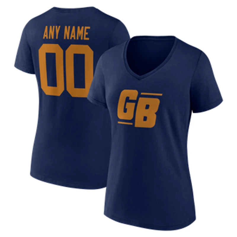 Women's Navy Green Bay Packers Team Authentic Classic Personalized Name & Number V-Neck T-Shirt