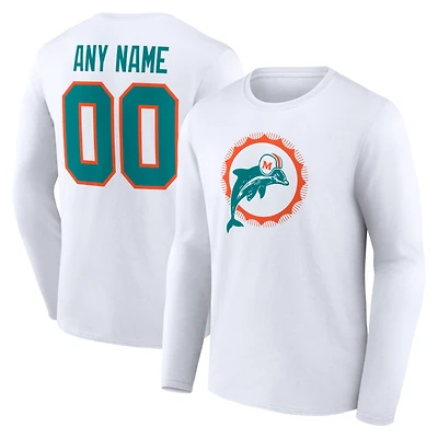 Men's White Miami Dolphins  Team Authentic Classic Personalized Name & Number Long Sleeve T-Shirt