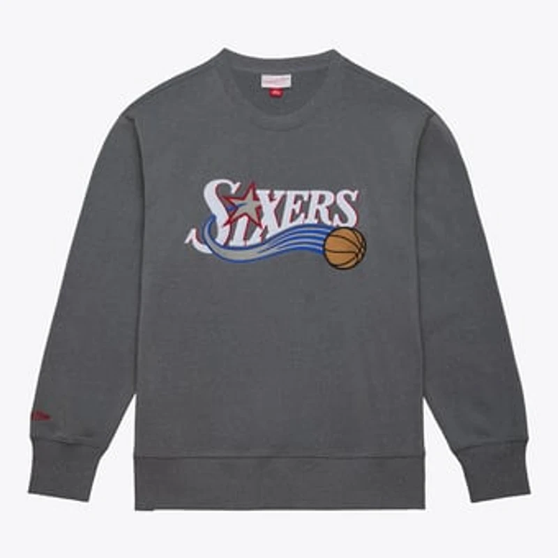 Men's Mitchell & Ness  Heather Gray Philadelphia 76ers Snow Washed Fleece Crewneck