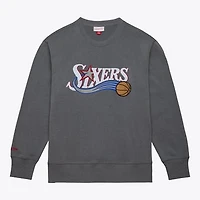 Men's Mitchell & Ness  Heather Gray Philadelphia 76ers Snow Washed Fleece Crewneck