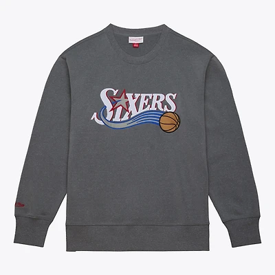 Men's Mitchell & Ness  Heather Gray Philadelphia 76ers Snow Washed Fleece Crewneck