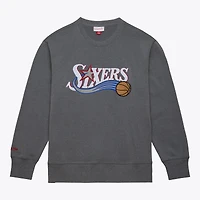 Men's Mitchell & Ness  Heather Gray Philadelphia 76ers Snow Washed Fleece Crewneck