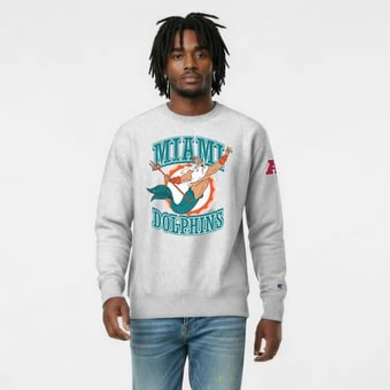 Men's Disney x Champion Heather Gray Miami Dolphins King Triton Reverse Weave Sweatshirt
