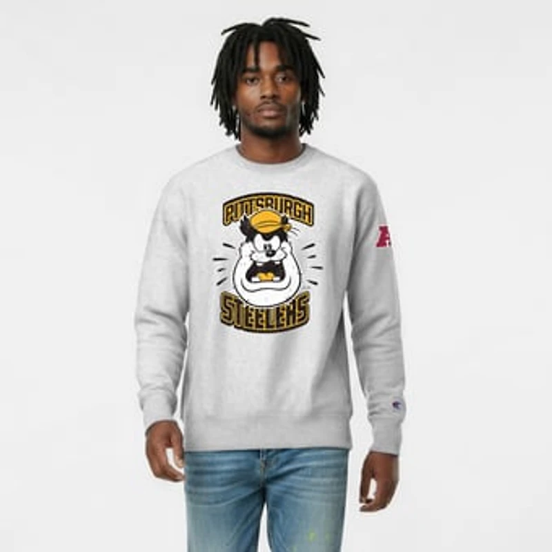 Men's Disney x Champion Heather Gray Pittsburgh Steelers Pete Reverse Weave Sweatshirt