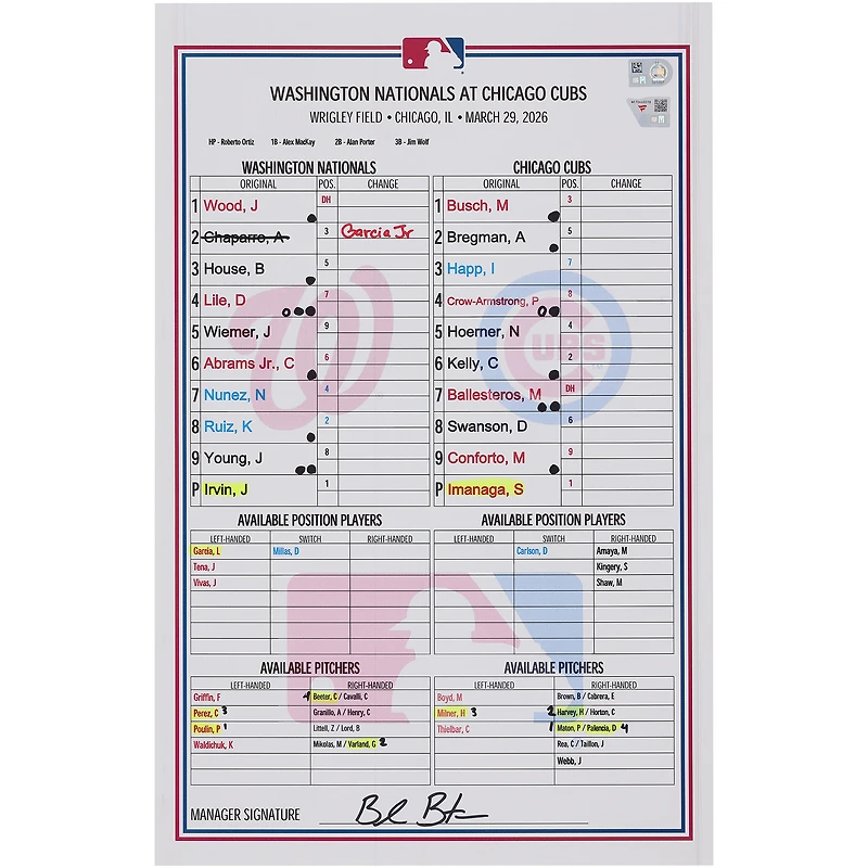 Washington Nationals Game-Used Lineup Card vs. Chicago Cubs on March 29, 2026