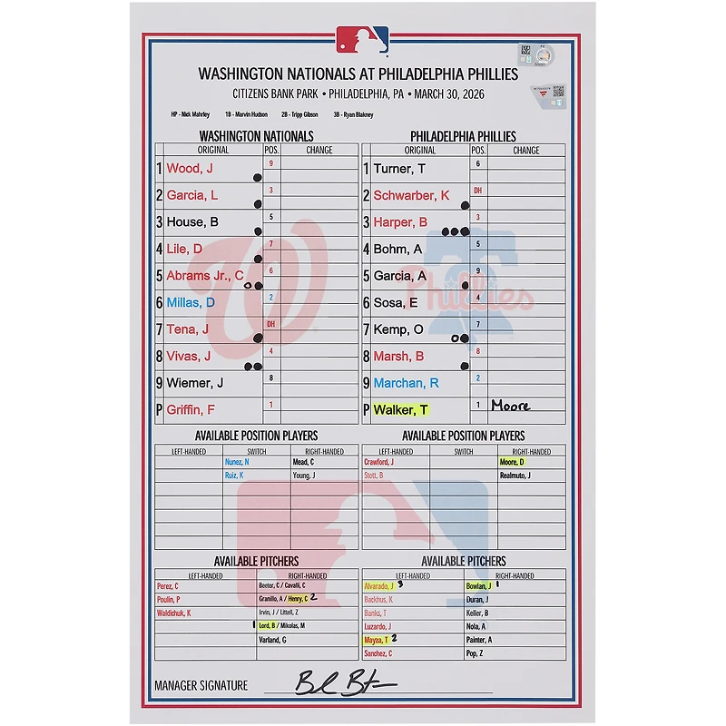 Washington Nationals Game-Used Lineup Card vs. Philadelphia Phillies on March 30, 2026
