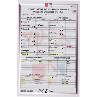 Washington Nationals Game-Used Lineup Card vs. St. Louis Cardinals on April 6, 2026