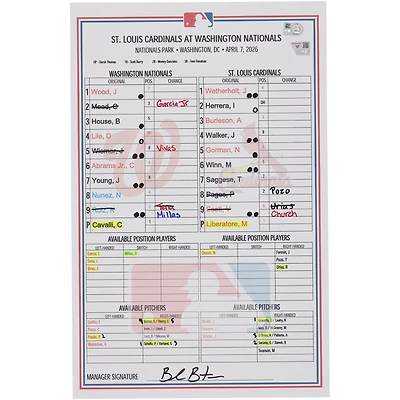 Washington Nationals Game-Used Lineup Card vs. St. Louis Cardinals on April 7, 2026