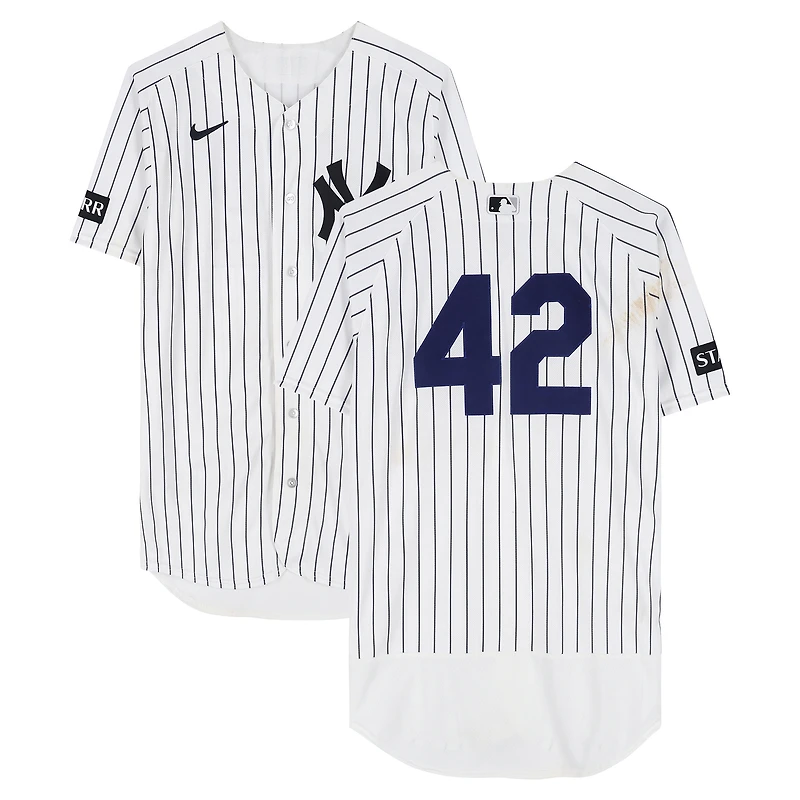 Austin Wells New York Yankees Game-Used #42 White Pinstripe Jersey vs. Los Angeles Angels on April 15, 2026