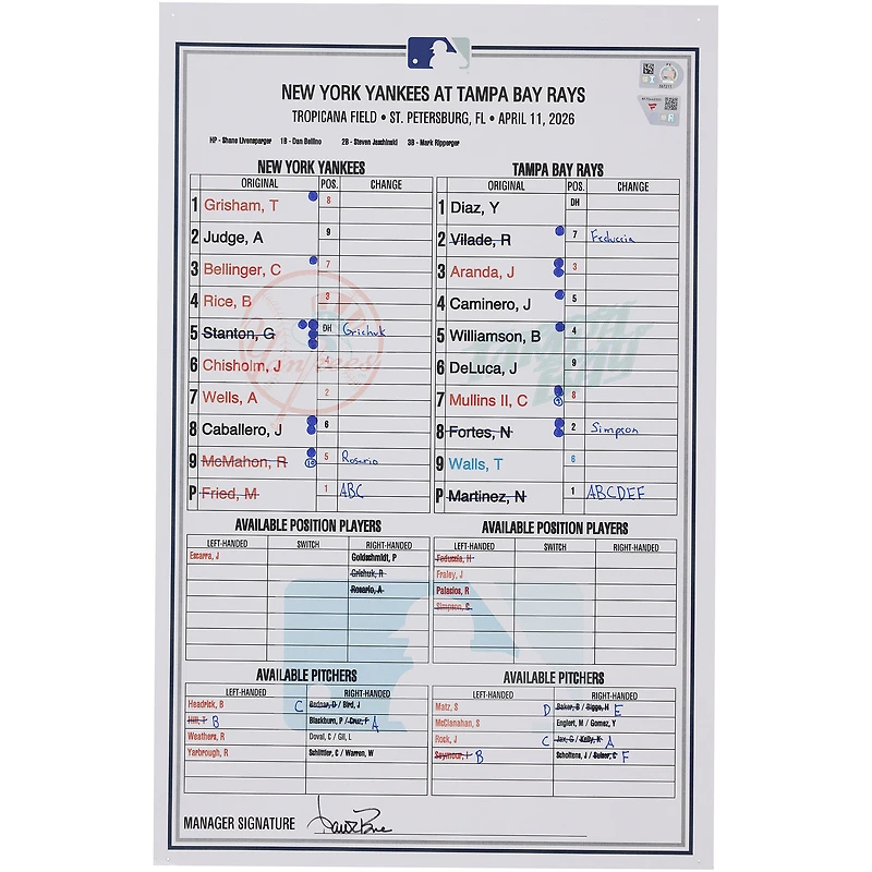 New York Yankees Game-Used Lineup Card vs. Tampa Bay Rays on April 11, 2026