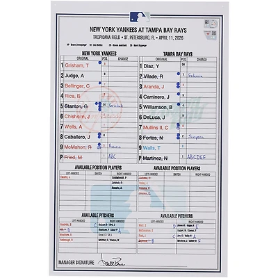 New York Yankees Game-Used Lineup Card vs. Tampa Bay Rays on April 11, 2026