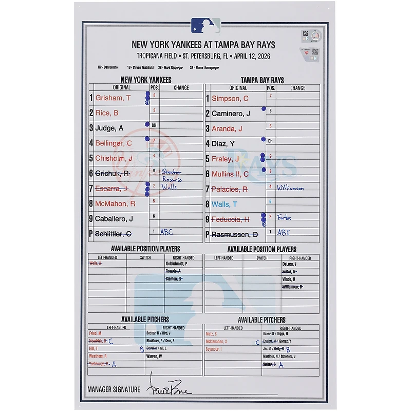 New York Yankees Game-Used Lineup Card vs. Tampa Bay Rays on April 12, 2026