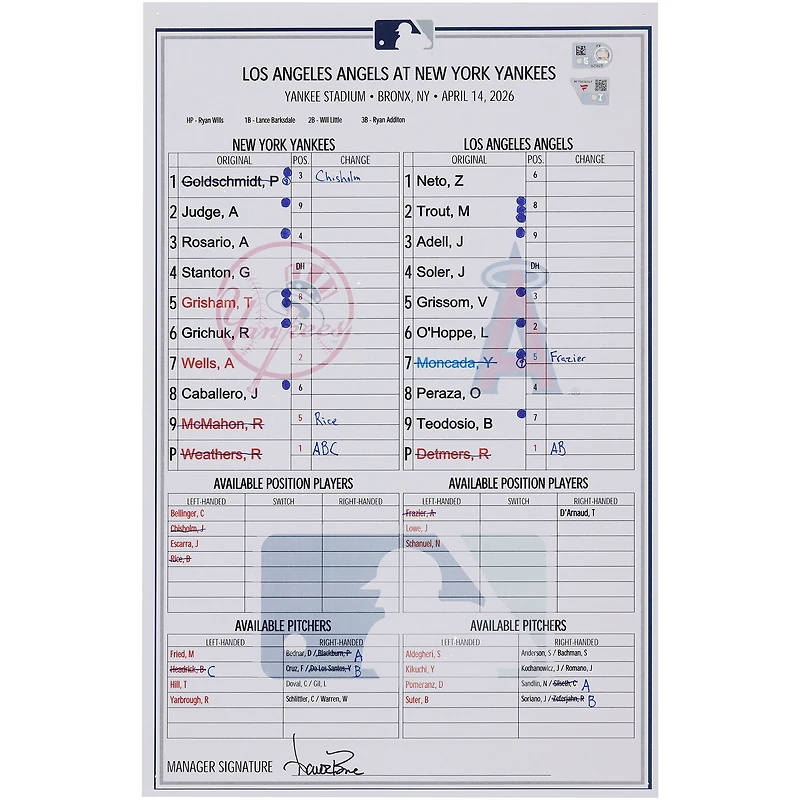 New York Yankees Game-Used Lineup Card vs. Los Angeles Angels on April 14, 2026