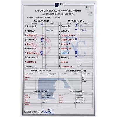 New York Yankees Game-Used Lineup Card vs. Kansas City Royals on April 18, 2026