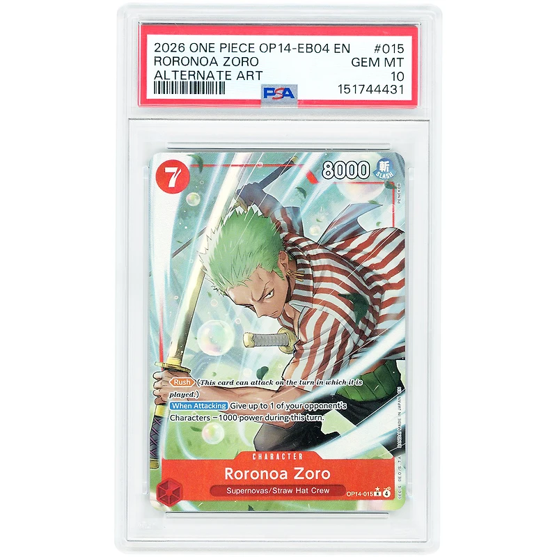Roronoa Zoro 2026 One Piece OP14-EB04 Alternate Art #015 PSA Authenticated 10 Card