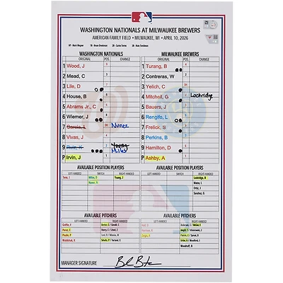 Washington Nationals Game-Used Lineup Card vs. Milwaukee Brewers on April 10, 2026