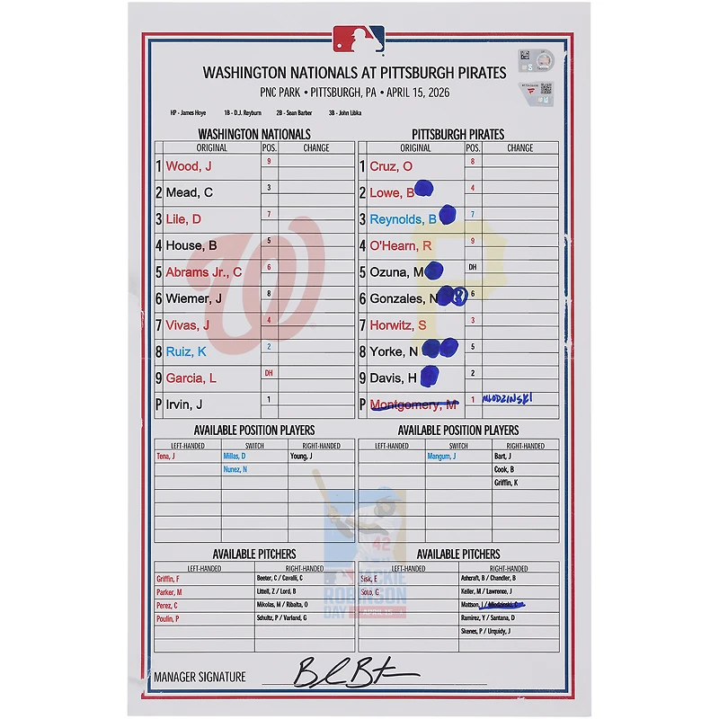 Washington Nationals Game-Used Lineup Card vs. Pittsburgh Pirates on April 15, 2026