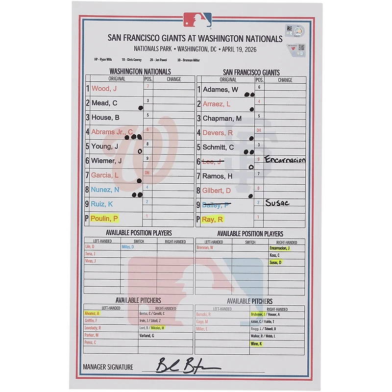 Washington Nationals Game-Used Lineup Card vs. San Francisco Giants on April 19, 2026