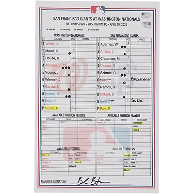 Washington Nationals Game-Used Lineup Card vs. San Francisco Giants on April 19, 2026