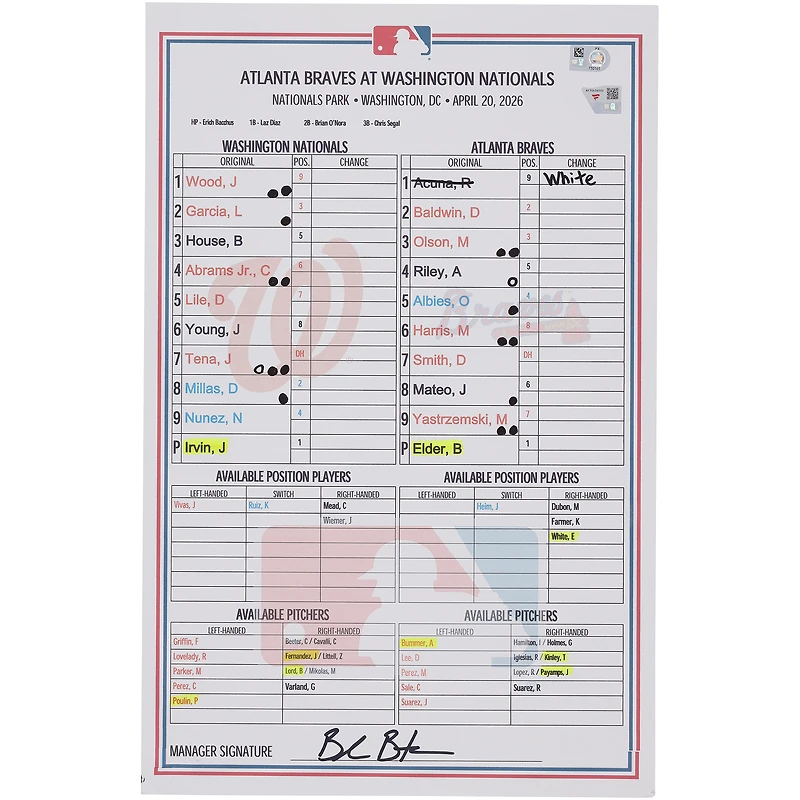 Washington Nationals Game-Used Lineup Card vs. Atlanta Braves on April 20, 2026