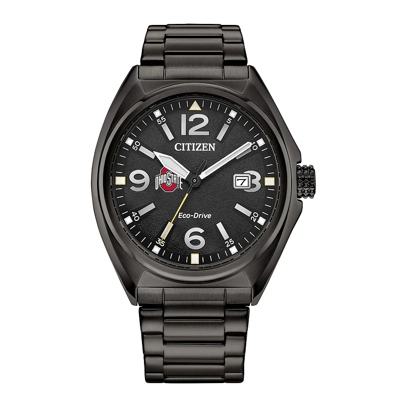Men's Citizen Watch Black Ohio State Buckeyes Eco-Drive Sport Casual Stainless Steel Black Dial Bracelet Watch