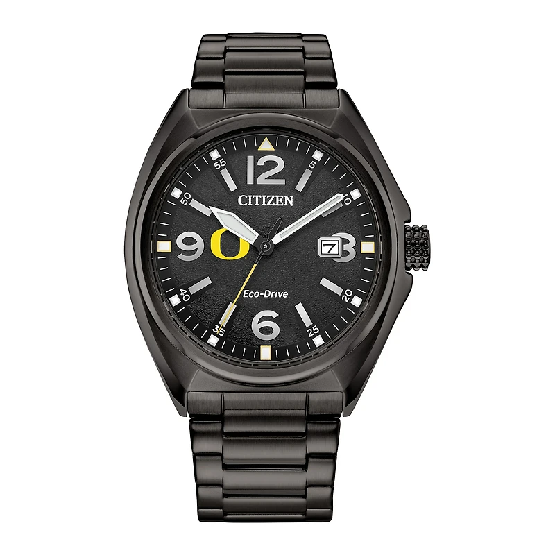 Men's Citizen Watch Black Oregon Ducks Eco-Drive Sport Casual Stainless Steel Black Dial Bracelet Watch
