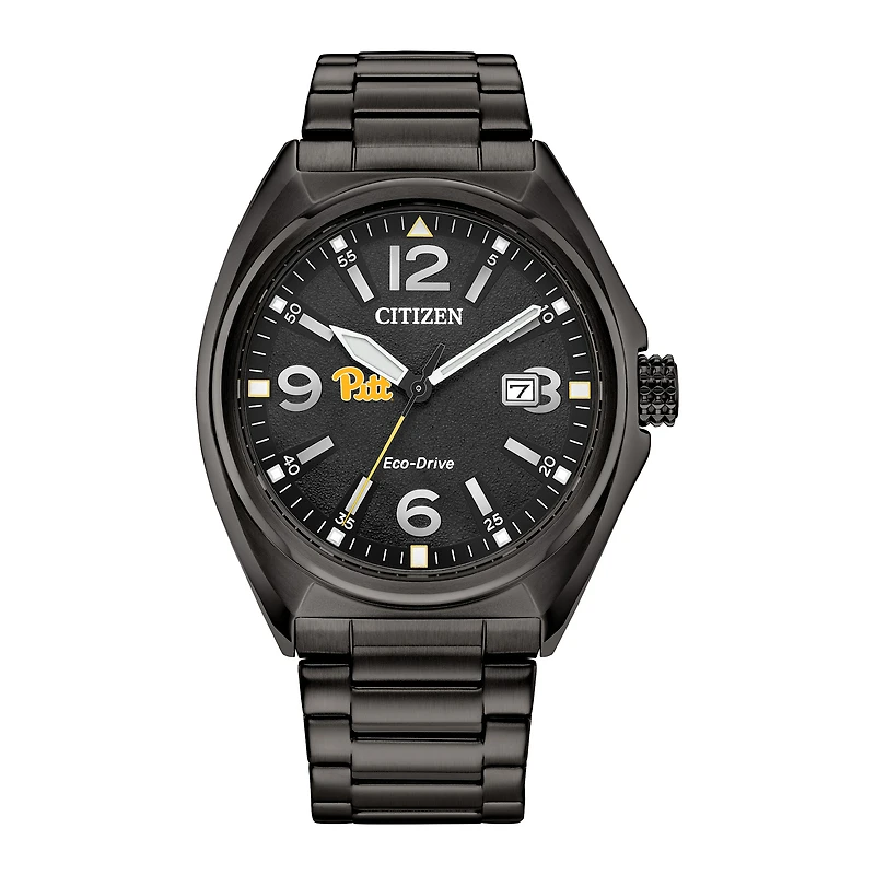Men's Citizen Watch Black Pitt Panthers Eco-Drive Sport Casual Stainless Steel Black Dial Bracelet Watch