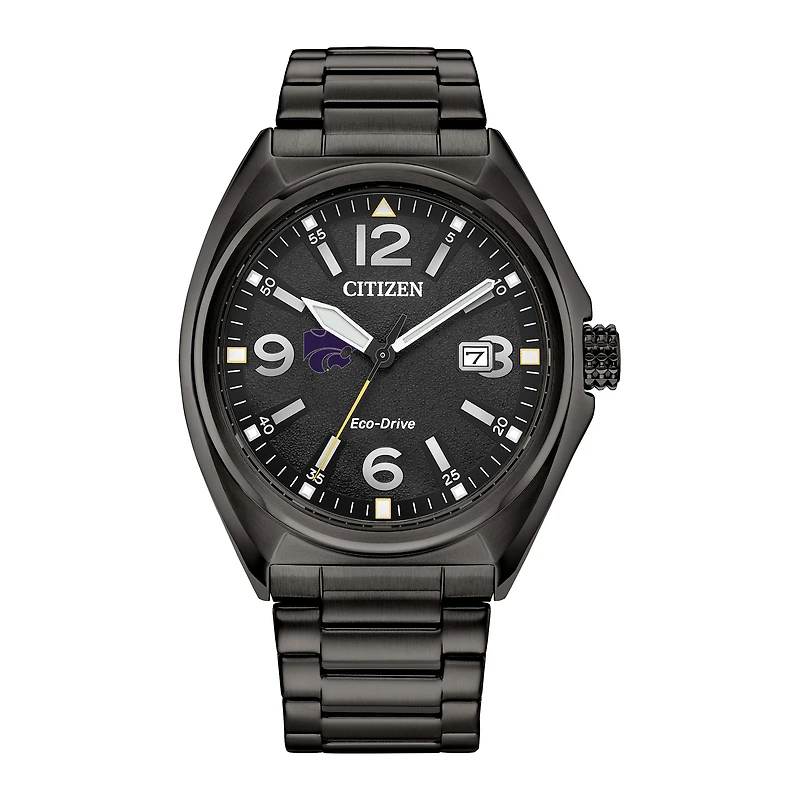 Men's Citizen Watch Black Kansas State Wildcats Eco-Drive Sport Casual Stainless Steel Black Dial Bracelet Watch