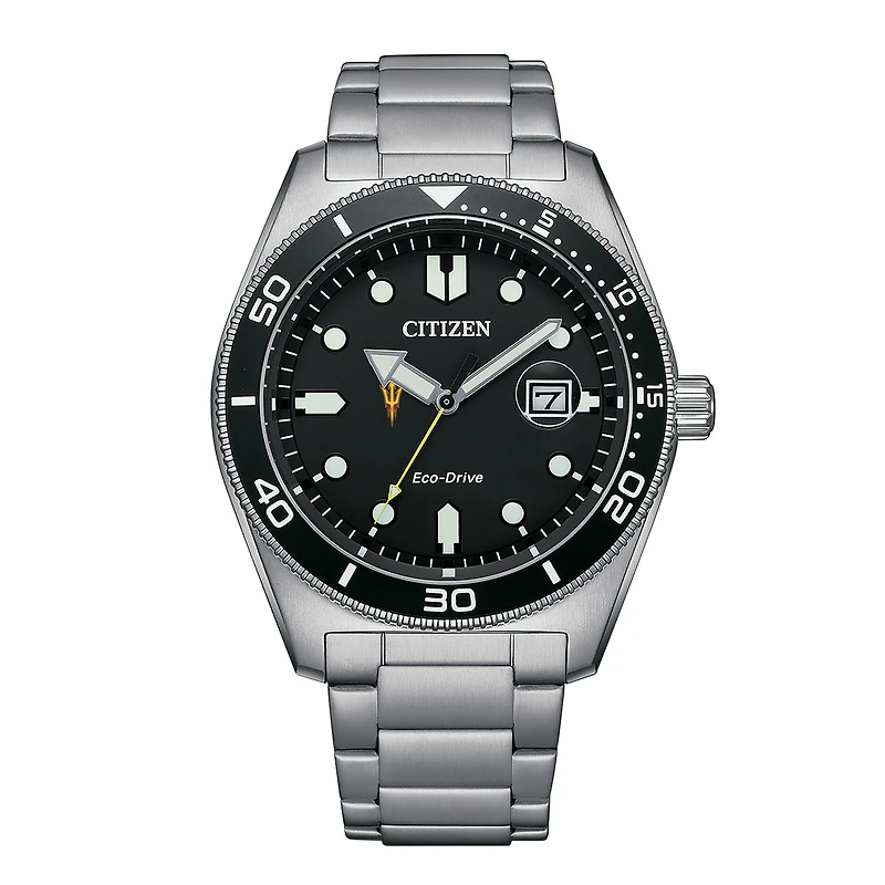 Men's Citizen Watch Silver Arizona State Sun Devils Eco-Drive Sport Casual Stainless Black Dial Steel Watch