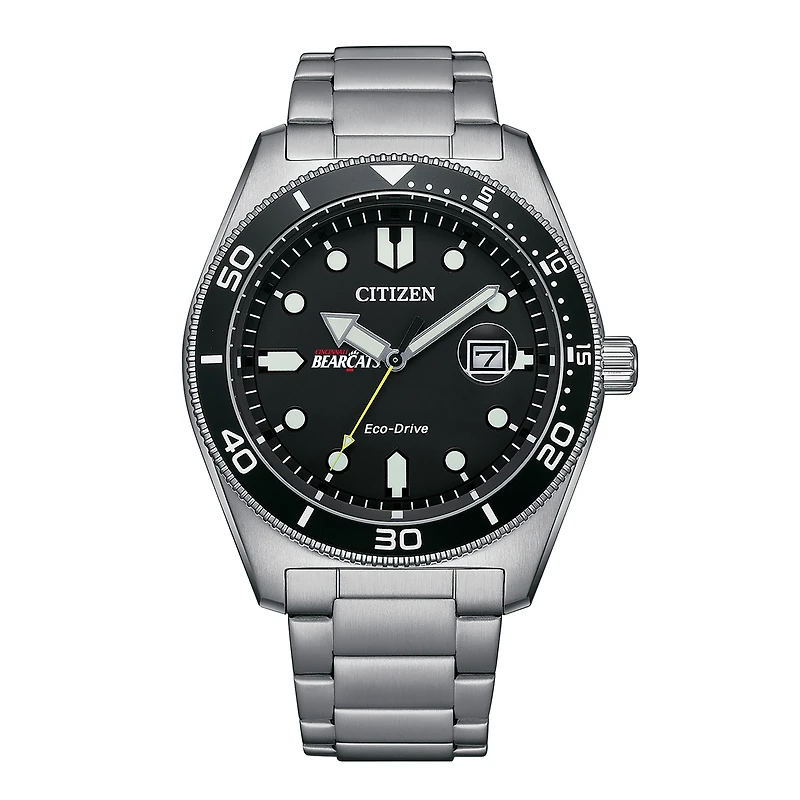 Men's Citizen Watch Silver Cincinnati Bearcats Eco-Drive Sport Casual Stainless Black Dial Steel Watch
