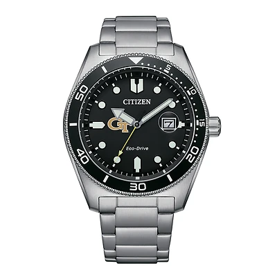 Men's Citizen Watch Silver Georgia Tech Yellow Jackets Eco-Drive Sport Casual Stainless Black Dial Steel Watch